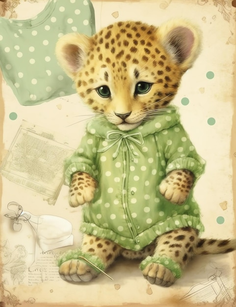 Old paper texture of a Cheetah with clothes junk journal digital paper background