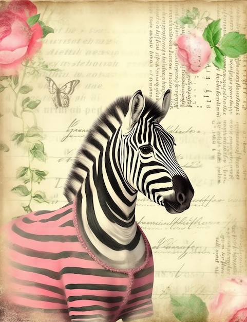 Old paper texture of a Zebra with clothes junk journal digital paper background