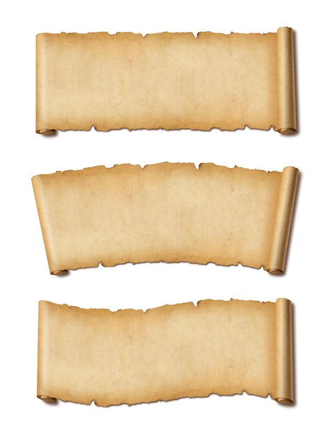 Old Parchment paper scroll set isolated on white with shadow. Horizontal banners