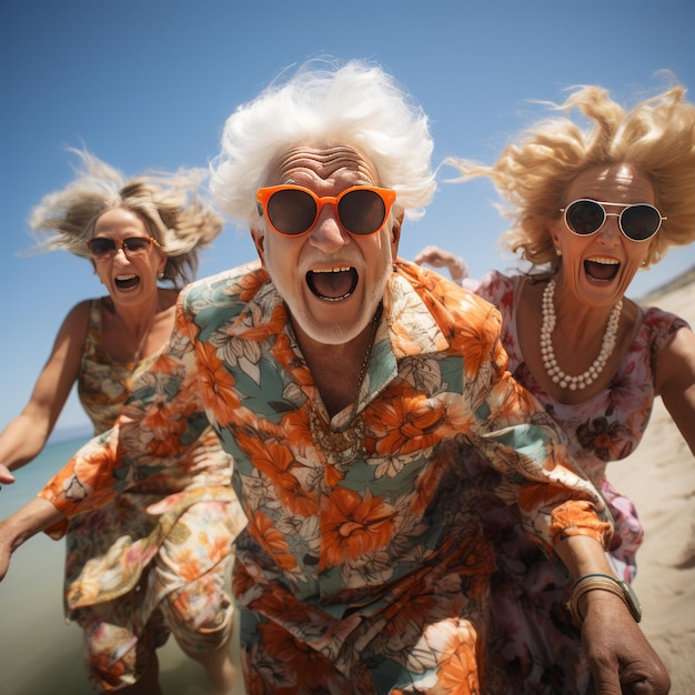 Old people having fun at the beach