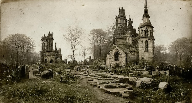 Old photo with creepy cemetery and abandoned church ruins Mystic gloomy scene 3D illustration