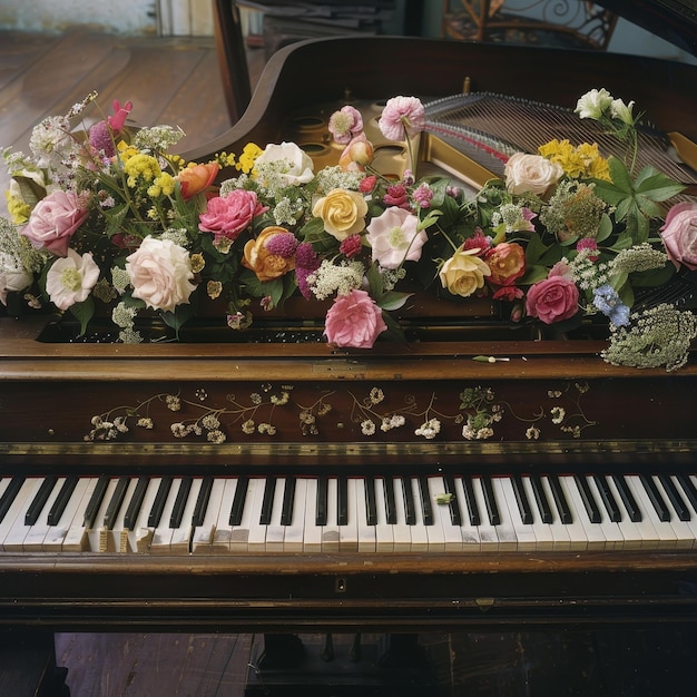 Photo old piano with a bouquet of flowers on the piano keys