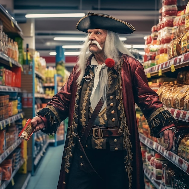 A old pirate from the year 1834 goes to super market in year 2021