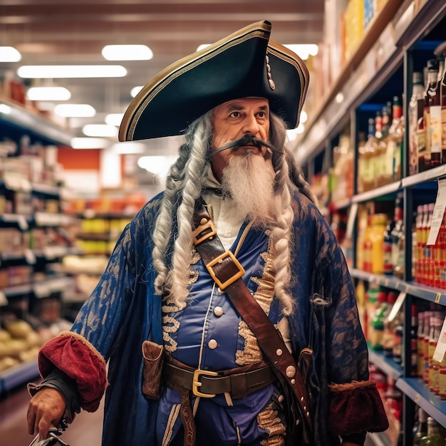 A old pirate from the year 1834 goes to super market in year 2021