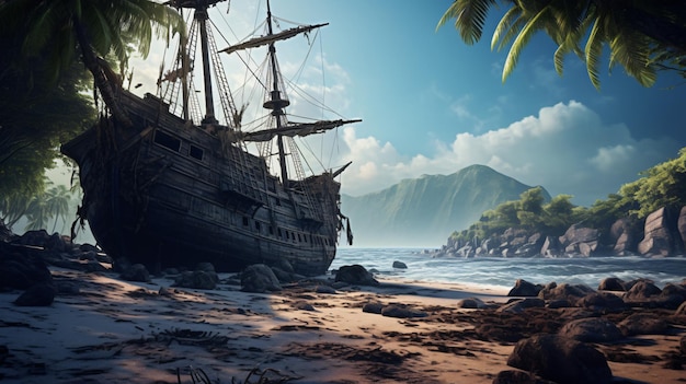 Photo an old pirate shipwreck on a beach with palm trees