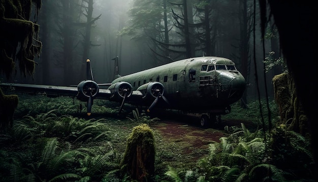 An old plane is in the woods