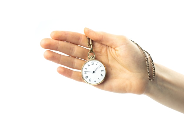 Old pocket watch in a female hand on a white background.