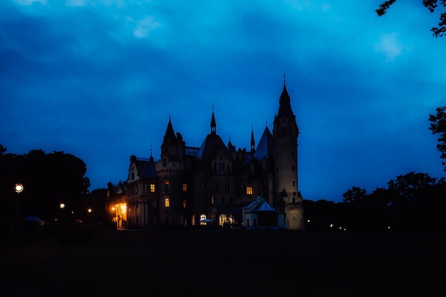 Old Polish castle in the village of moszna in the night lights