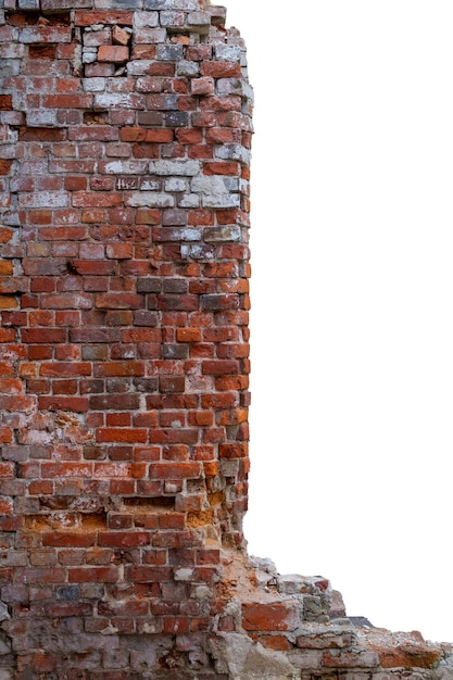 Old red brick wall isolated on white background