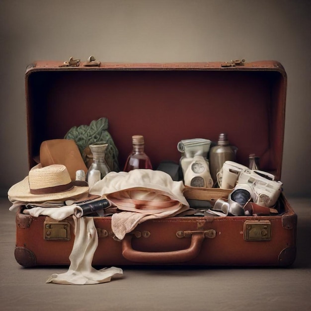 Photo an old red suitcase with a hat and other items on it