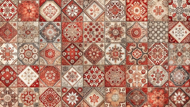 Photo old red vintage worn geometric shabby mosaic ornate patchwork motif porcelain stoneware tiles stone concrete cement wall texture background banner panorama