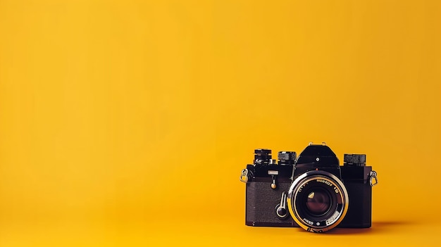 Old retro camera on the yellow background Stylish background for a photo enthusiast Generative AI