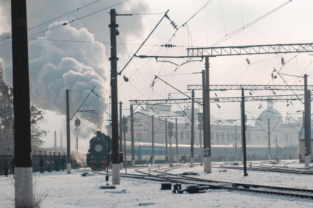 Old retro steam train close up lviv railway station