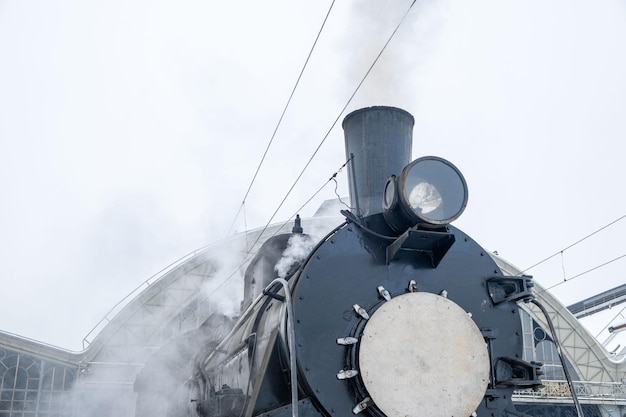 Old retro steam train close up lviv railway station