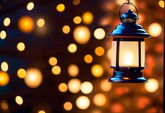 Photo old retro style lantern with sparkling bokeh lights in the background