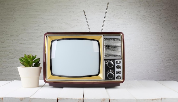 Old retro television on white wooden table and home plant