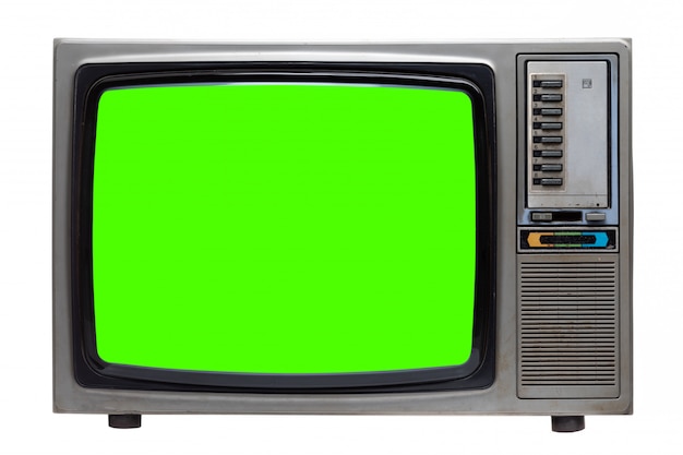 old retro TV with green screen isolated on white 