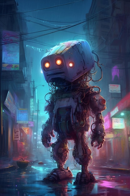 Old robot with hanging cables in night city AI generative illustration