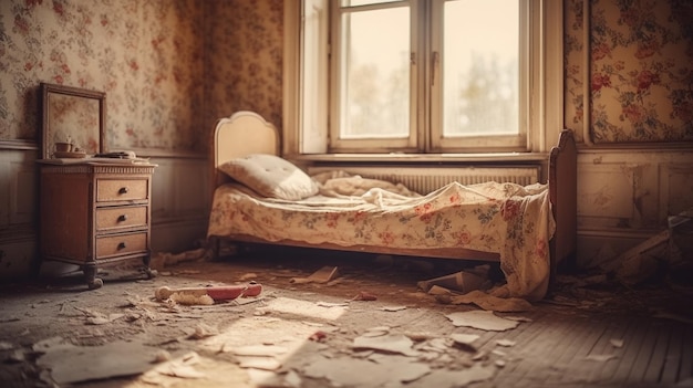 An old room with a bed and a window that has the word " on it "