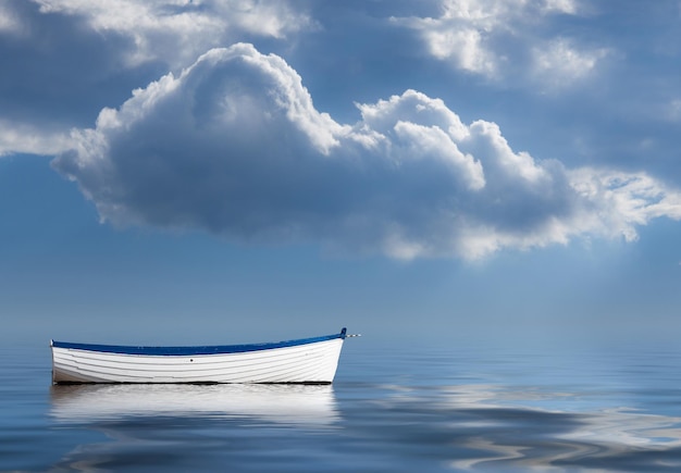 Old rowing boat marooned at sea