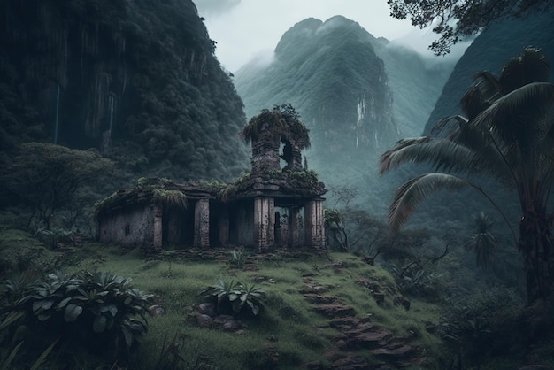 An old ruined temple in a lush dense jungle with mountains in the distance