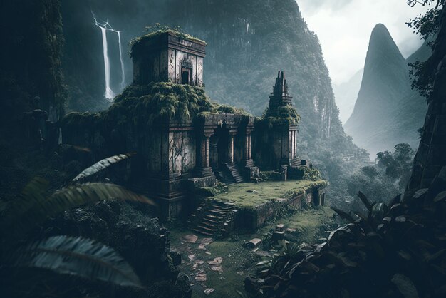 An old ruined temple in a lush dense jungle with mountains in the distance