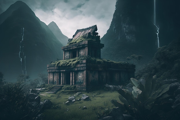 An old ruined temple in a lush dense jungle with mountains in the distance