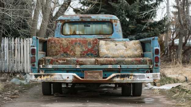 Photo old rusted blue truck with wornout seats in outdoor setting