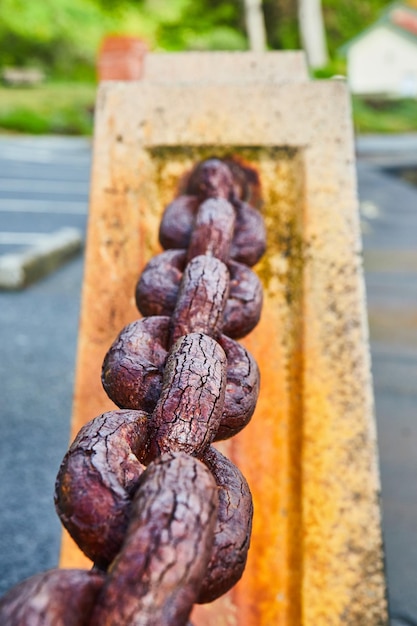 Old rusted chain link connecting dividers by water