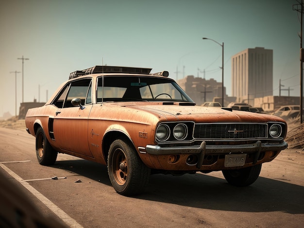 An old rusted orange car with a rack on the front is parked on the street.