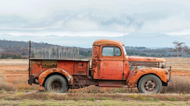 Old rusted orange pickup truck in rural field