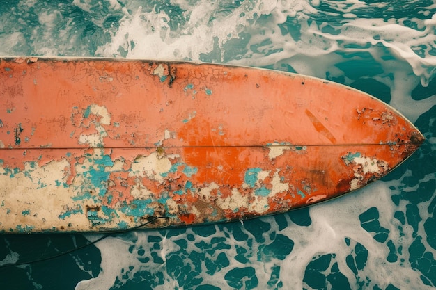 Photo old rusted surfboard in the water closeup of a distressed surfboard with chipping paint and a background of crashing waves ai generated