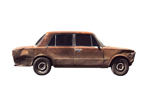 Old rusted torched car. Isolated over white