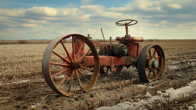 Photo an old rusted tractor sits idle in a harvested field under a cloudy sky a testament to farming histo