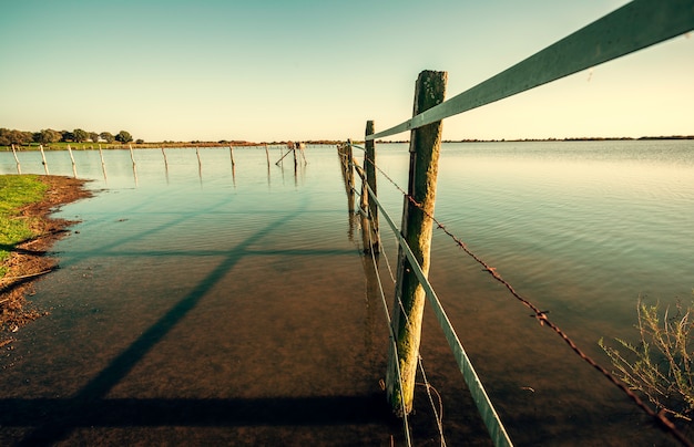 Old rusty barbed wire fence and wooden post