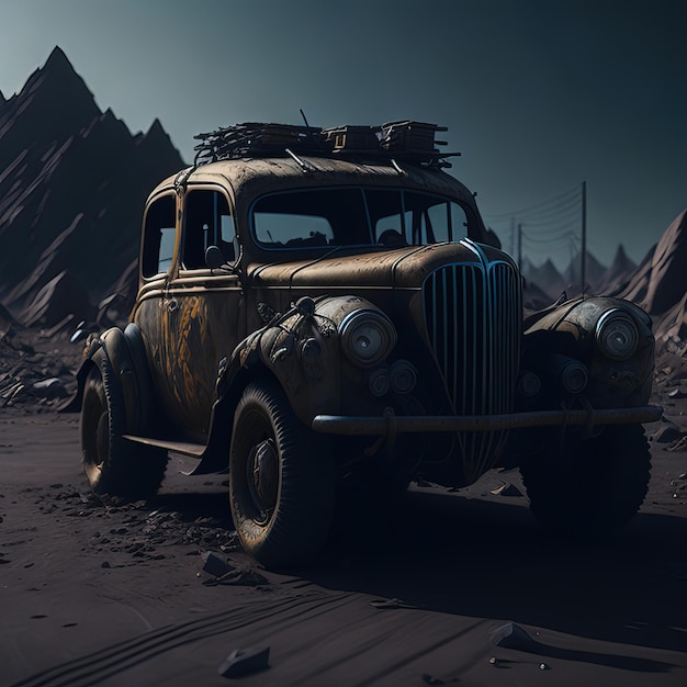 An old rusty car is parked in the desert.