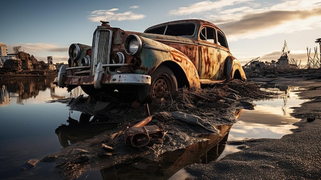 an old rusty car in a puddle