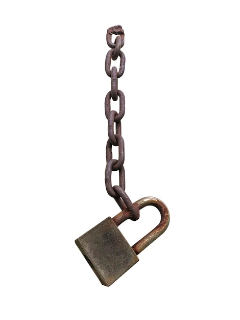 An old rusty padlock closed on a massive chain on white background