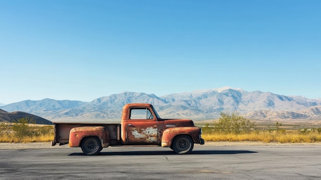 Photo an old rusty pickup truck parked against a scenic mountain backdrop under a clear blue sky