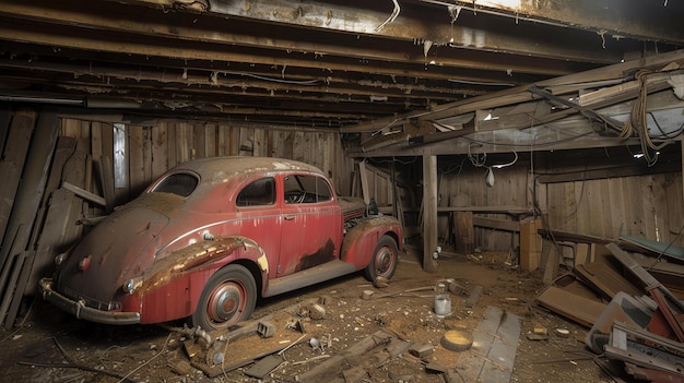 Photo an old rusty red car sits in an abandoned barn covered in dust and debris the barn is in disrepair with broken windows and a collapsed roof