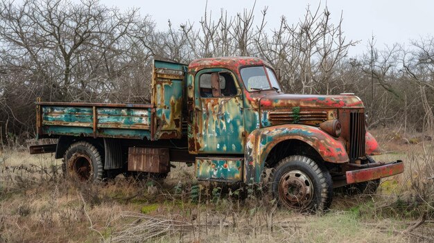 Old rusty truck in deserted overgrown field with bare trees