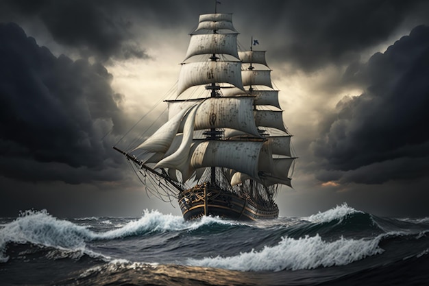 Old Sailing ship adrift in the ocean on a stormy day with big waves Generative AI