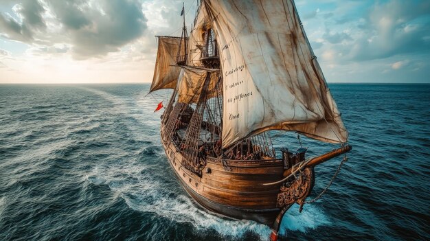 Photo old sailing ship on turquoise sea with white sails