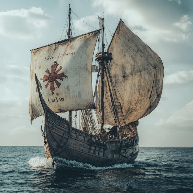 Photo old sailing ship on turquoise sea with white sails