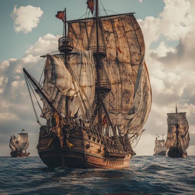 Photo old sailing ship on turquoise sea with white sails