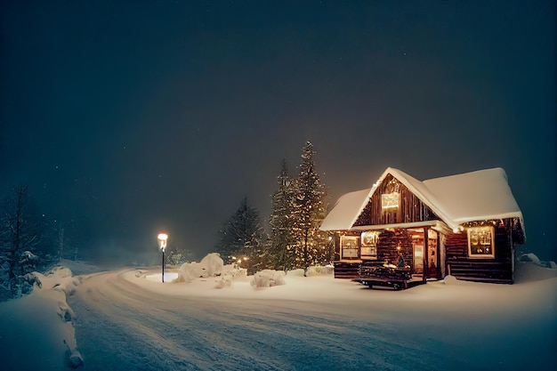 old scandinavian style wooden cabin in the snow forest, Christmas theme.