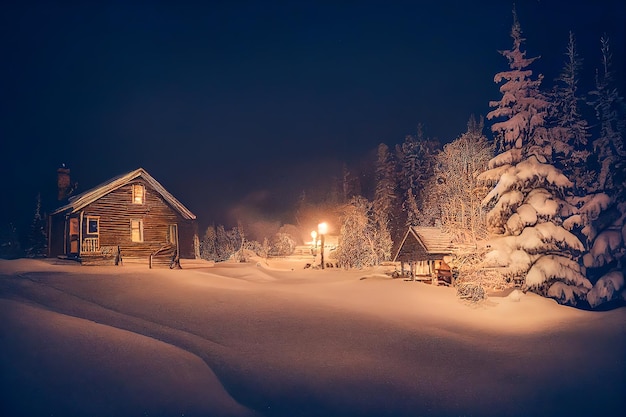 old scandinavian style wooden cabin in the snow forest, Christmas theme.