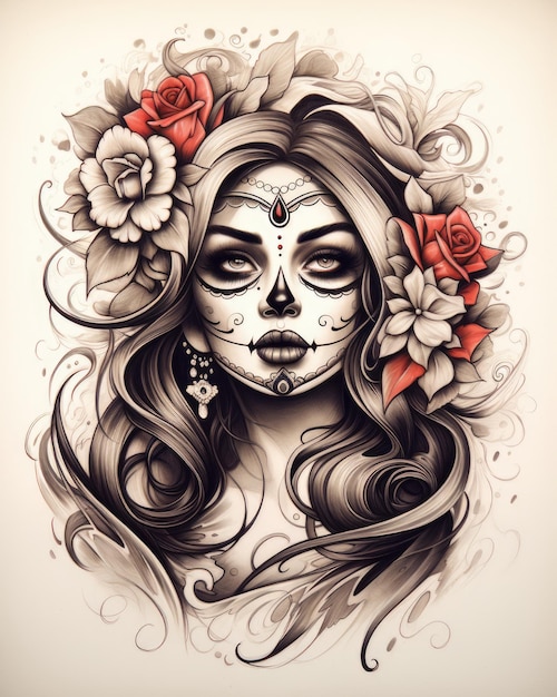 Old School Chicano Tattoo Girl with Mexican Skull Rose and Vintage Scroll