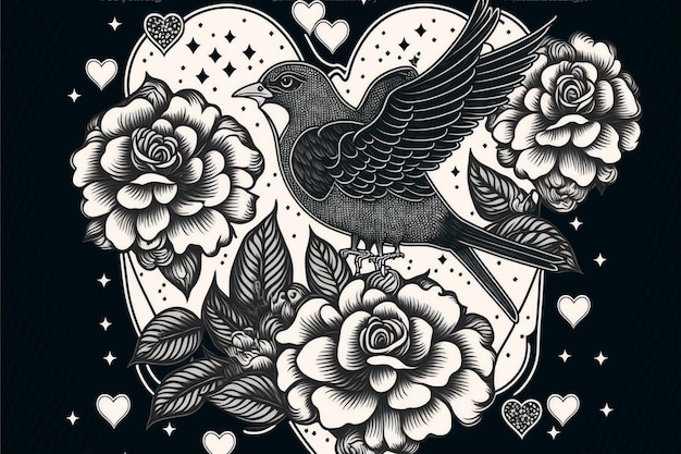 Old school tattoos seamles pattern with birds flowers