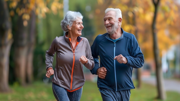 old senior couple are running and smiling